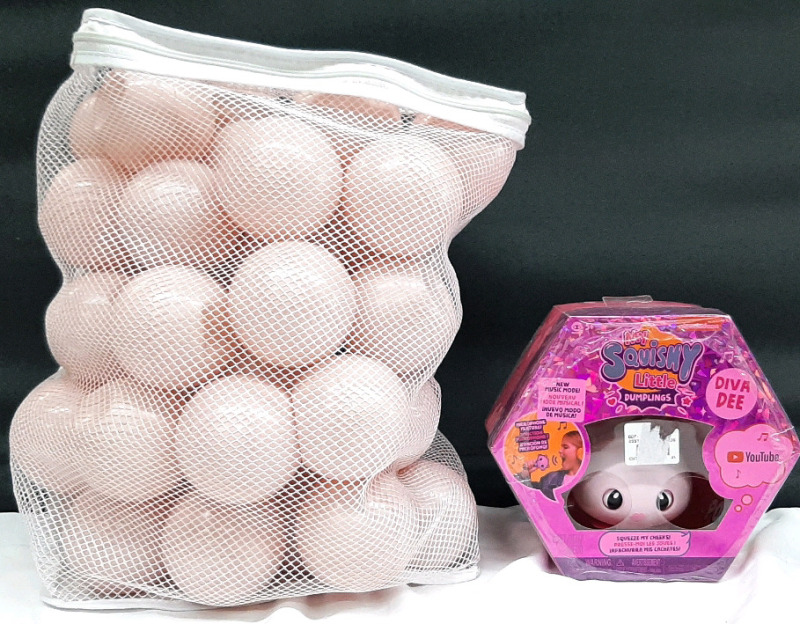As New "My Squishy Little Dumplings" Diva Dee Squish Toy & 20+ Pink Ball Pit Balls | Dumpling Toy Packaging Measures 6&frac12;" Tall, 7" Wide