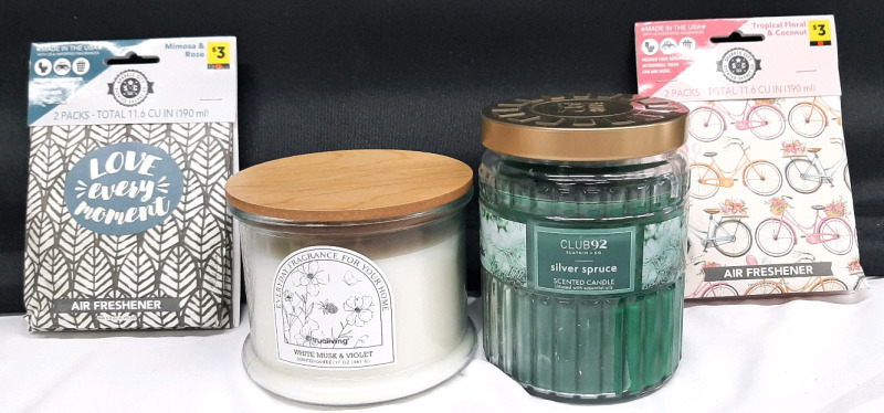 2 New Sparkle City Scented Satchet Packs (190ml Each, Mimosa & Rose And Tropical Floral & Coconut Scents) & 2 Large Scented Candles (481g White Musk & Violet And 510g Silver Spruce)