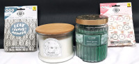2 New Sparkle City Scented Satchet Packs (190ml Each, Mimosa & Rose And Tropical Floral & Coconut Scents) & 2 Large Scented Candles (481g White Musk & Violet And 510g Silver Spruce)