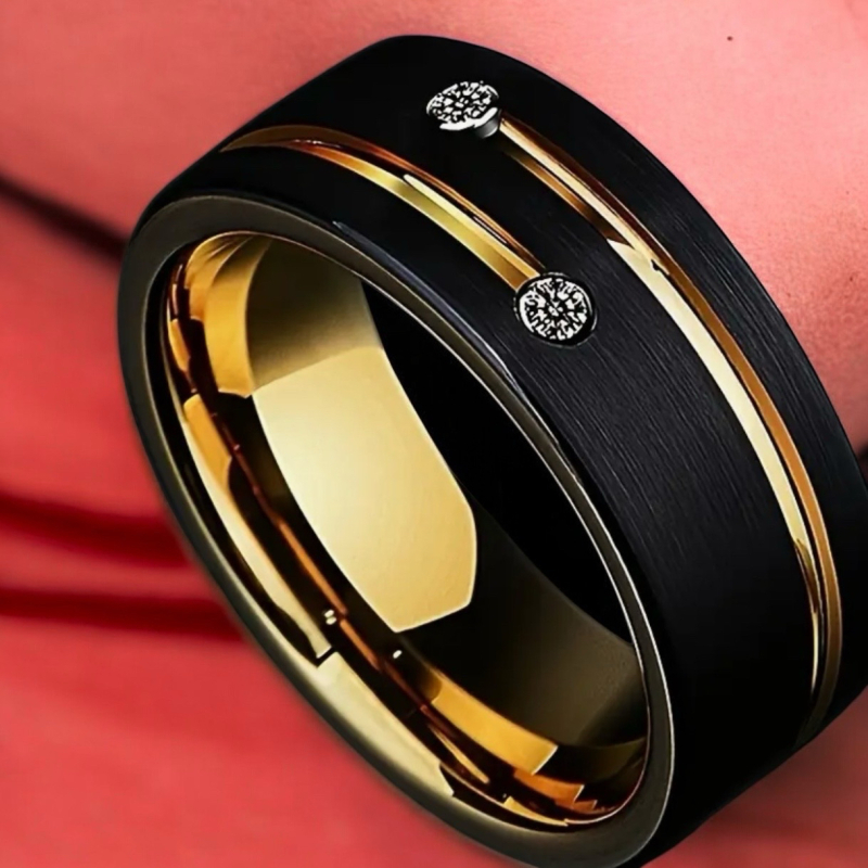 Classy 8mm Wide Band Black & Gilt Stainless Steel Ring Vintage-Inspired Size 11.5