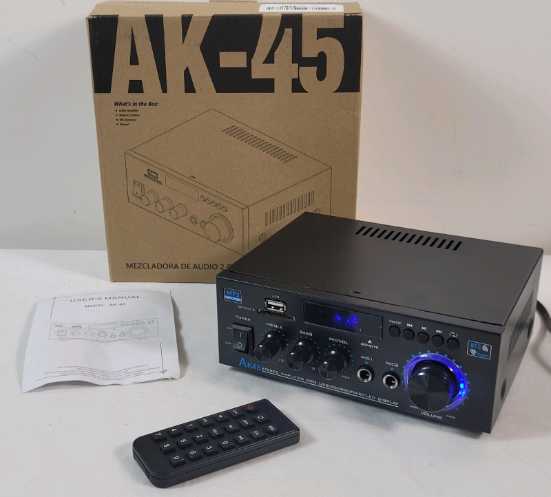 AK45 Stereo Home Audio Amplifier, 5.0 Mini Bluetooth Receiver, 300W , Blutooth HiFi Stereo Power Amplifier 2.0 Channel RMS 40W x 2 Home Stereo System with Remote Control Amp W/MIC,USB, RCA,FM Radio . Tested Powers Up , Not Tested Beyond Power Up