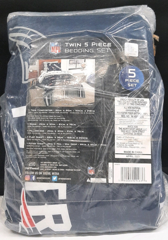 As New NFL Patriots Twin 5 Piece Bedding Set