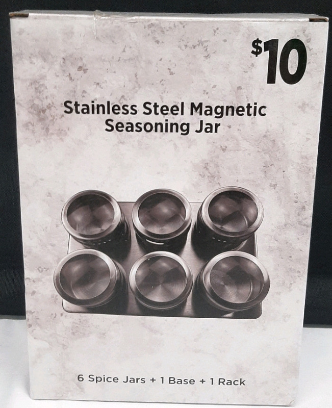 New in Box Stainless Steel Magnetic Seasoning Jar Set | Package Measures 9" Tall, 6&frac12;" Wide