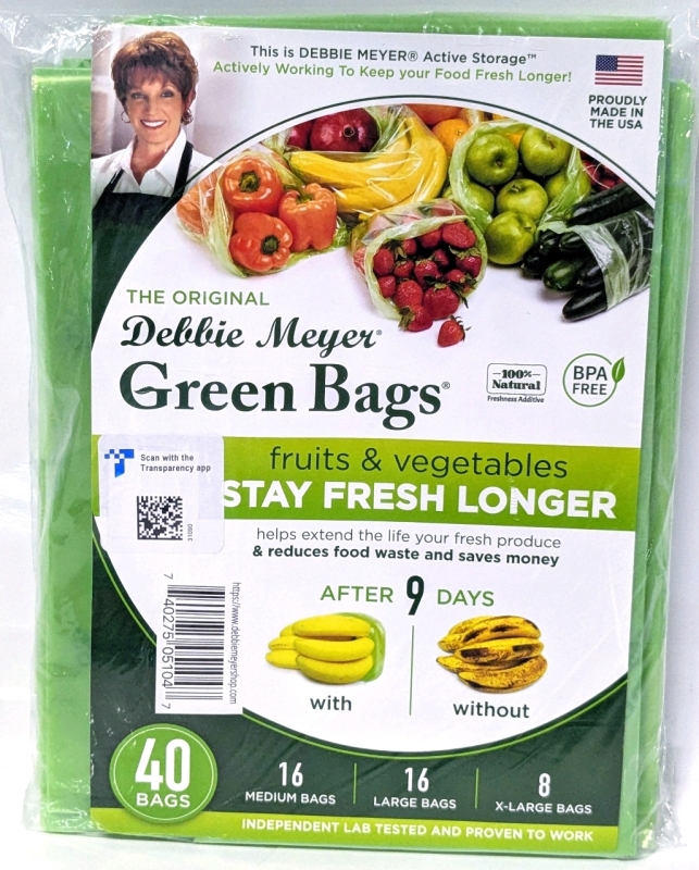 New 40-Pack DEBBIE MEYER GreenBags (16M, 16L, 8XL) &ndash; Keeps Fruits, Vegetables, and Cut Flowers, Fresh Longer, Reusable, BPA Free, Made in USA