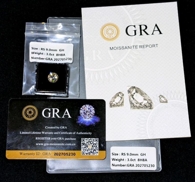 New 3.0ct Moissanite Lab Diamond, Round Brilliant Cut, GH - VVS1, GRA Report, Tests Positive with Diamond Tester (More Brilliant Than a Diamond!!)