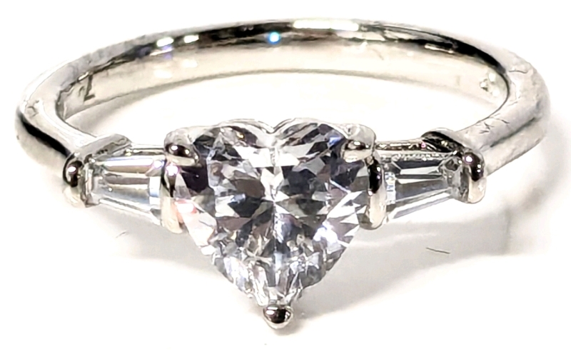 New Platinum Plated 1.25ct Heart Cut Simulated Diamond Ring with Baguette Sidestones - Size 7