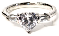 New Platinum Plated 1.25ct Heart Cut Simulated Diamond Ring with Baguette Sidestones - Size 7