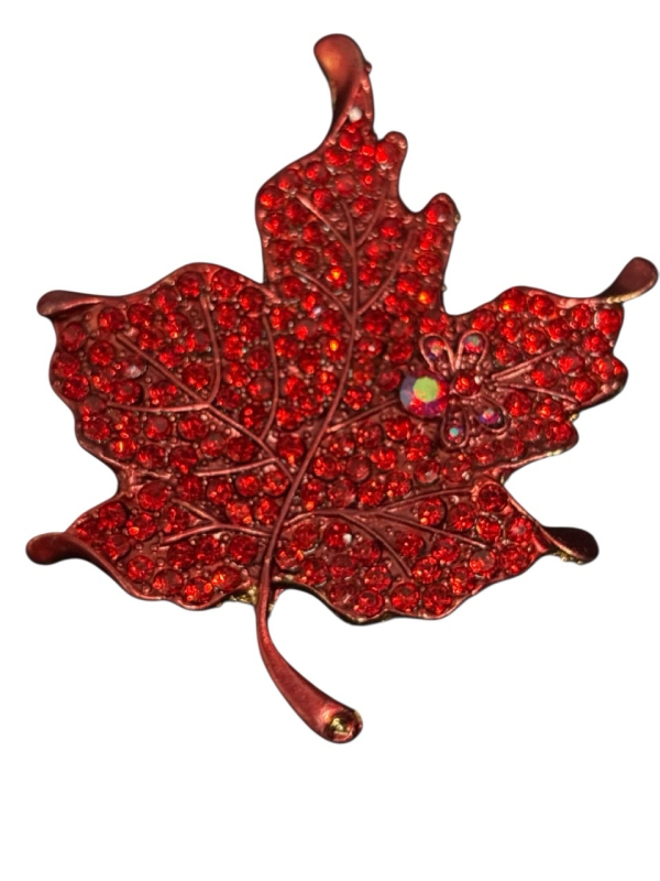 Red Rhinestone with inlaid Bug Rhinestone MapleLeaf and Enamel Brooch Elbows Up appropriately 2.4 x 1.75 inch Boxed