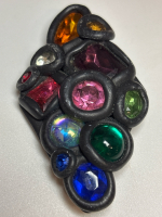 Vintage Signed Black Multi Colour Stone Signature Piece Brooch Diamond Shaped approximately 3 x 1.75 inch