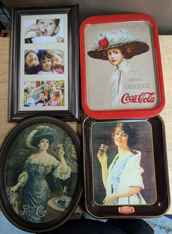 4 Trays/Photo Frames. 2 Vintage Coca Cola Trays, 1 Vintage Pepsi Tray and 1 Photo Frame for 3 Photos. Frame measures 9.5" by 16.5"