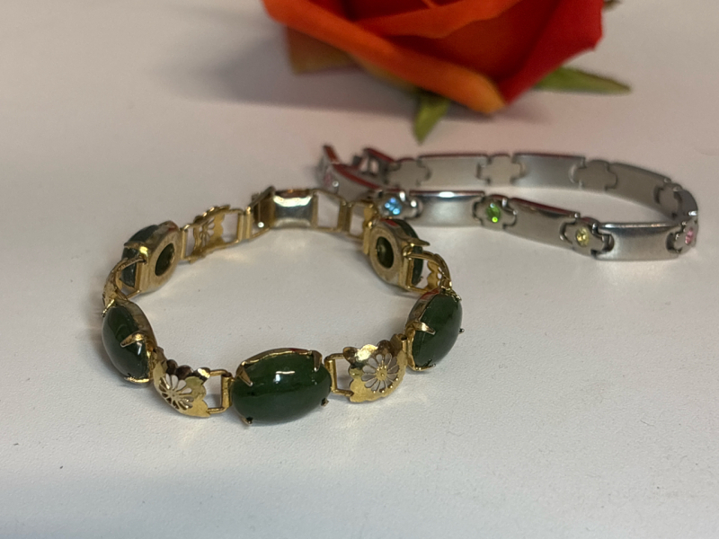 Two Vintage Bracelets Fold Over Clasps with Stones Approximately 6.5 and 6.75 inch