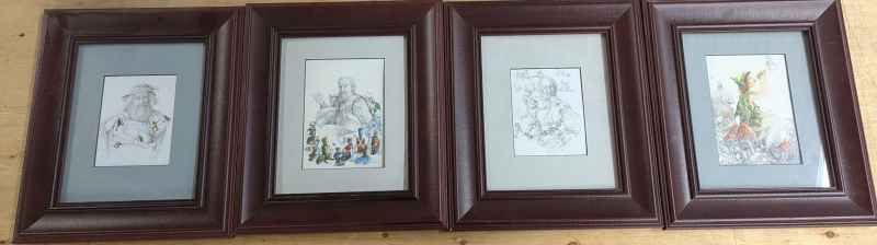 4 Framed Prints by Sharon M. Smith. "Peter Pan", "Making Wishes Come True", "The Story Teller" & "The Wizard and the Little Artists". With Frame Measures 12" by 14"