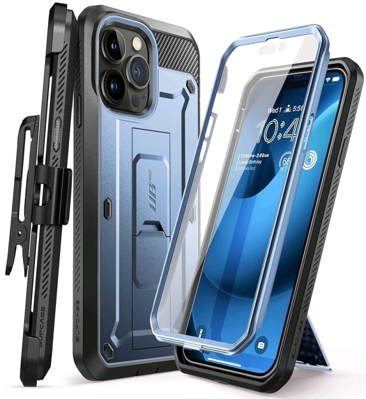 As-New in Box | iPhone 14 Pro Max SUPCASE Case with Screen Protector (Unicorn Beetle Pro), [Built-in Stand & Belt-Clip] Full-Body Heavy Duty Shockproof Protective Phone Case, Blue