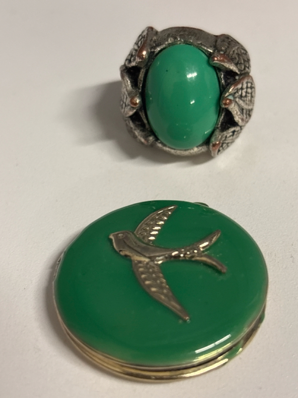 Turquoise Enamel Round Flying Bird Locket Vintage Turquoise Coloured Statement Ring Size 7 Locket approximately 1.25 inch