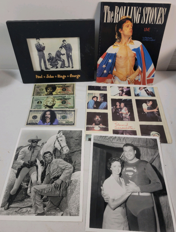 Pop Culture & Music Lot . Lone Ranger & Superman Photo Prints , Rolling Stone Book , Beatles Photo Print in Frame , Paul McCarthy + Wings Poster & Novelty Money