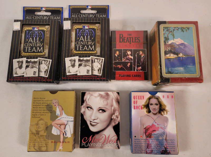 Eight (8) Decks Playing Cards , All Sealed or Unused . Baseball , Beatles , Madonna, Mae West , Marilyn & Vintage Sealed Cards &times;2