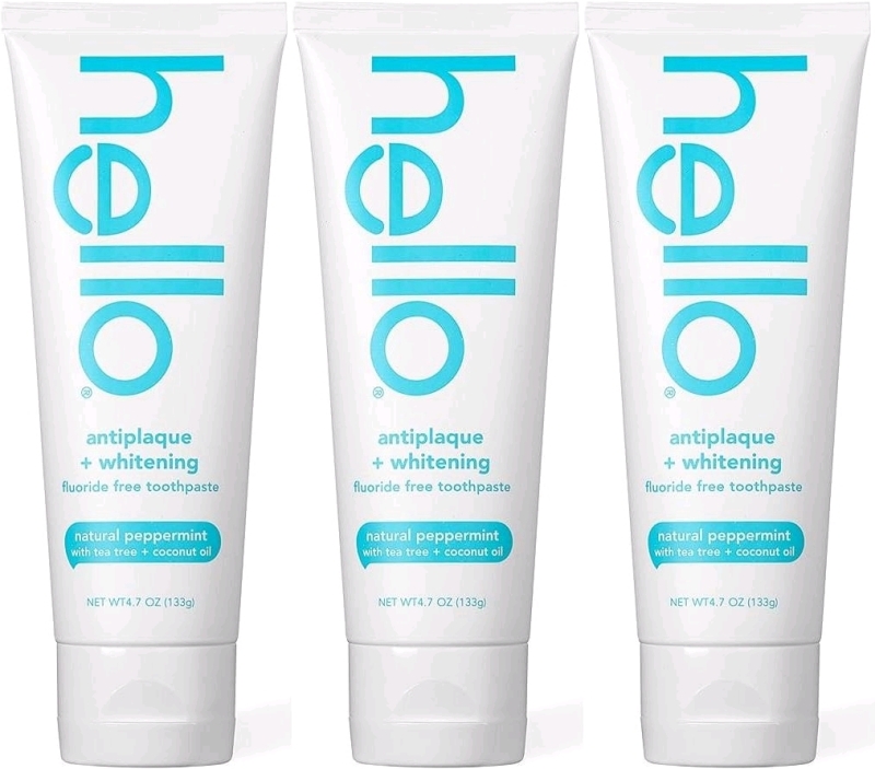 3 New Sealed HELLO Antiplaque and Whitening Fluoride Free Toothpaste, Natural Peppermint Flavor, SLS Free, Gluten Free, Peroxide Free, Vegan