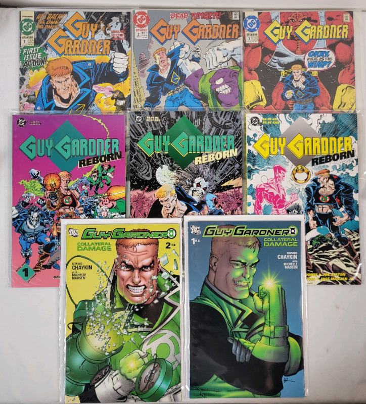 DC Comics " Guy Gardner " Comic Lot . 1992 Guy Gardner Issues #1 - #3 , 1992 Guy Gardner : Reborn Issues #1 - #3 & 2006 Guy Gardner : Collateral Damage Issues #1 & #2 . All Issues Bagged & Some Boarded .