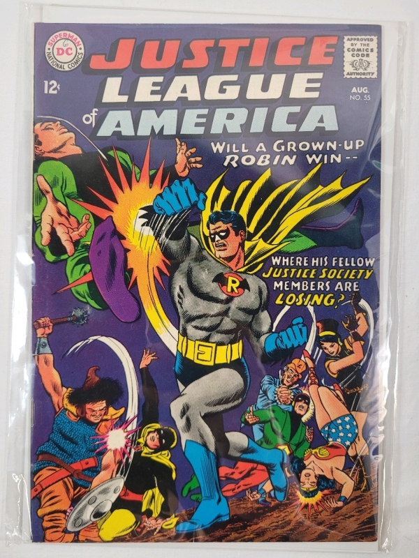 Vintage 1963 DC Comics Justice League of America No. 55 . 1st appearance of Robin (Earth-2) (Dick Grayson) & 1st appearance of Gem Girl (Claire Morton) . Very Good / Fine + Grade