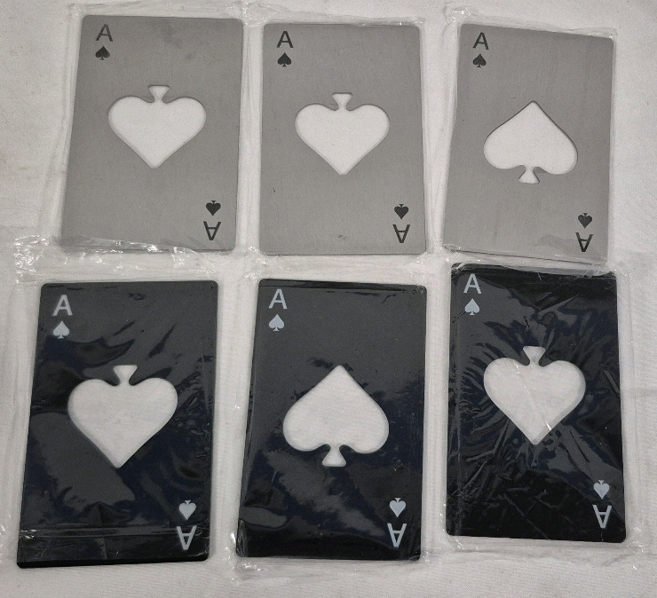 6 New Metal Bottle Openers Ace of Spade Card - Fits Great in Your Wallet 3.4" by 2.15"
