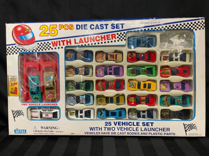 Vintage 24 Die Cast Car Set with Launcher - one car is missing - 24 Cars and a 2-Vehicle Launcher