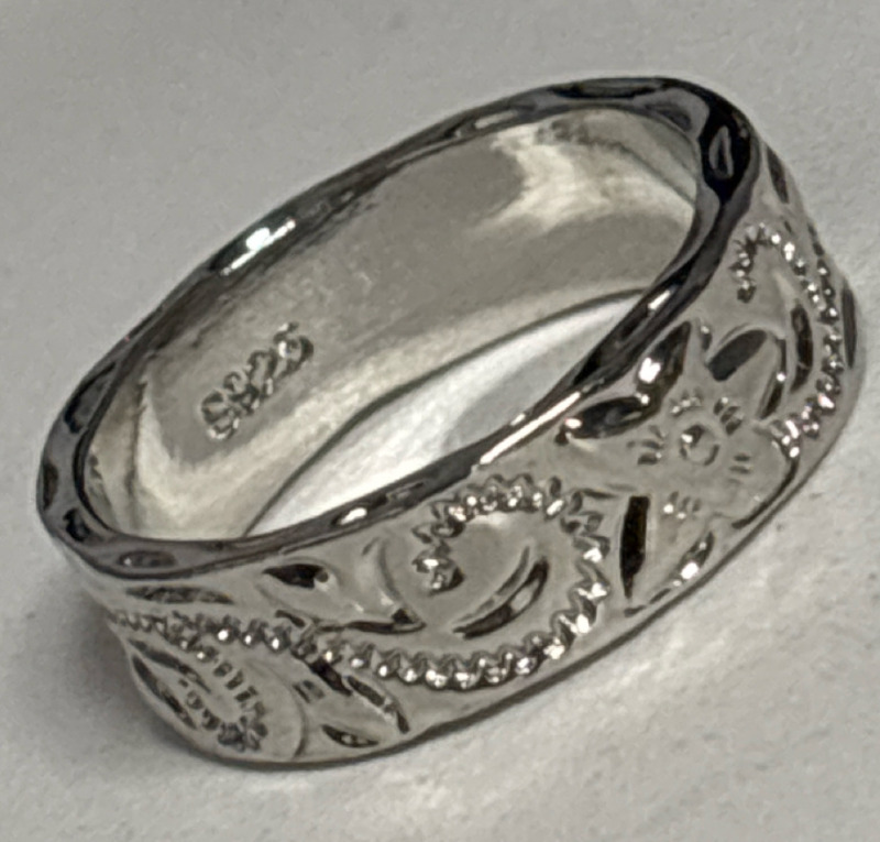 925 Sterling Silver stamped Artisan Crafted Leaf and Flower Wide Band Ring Retro Style Elegance Size 10