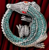 Gorgeous Crocodile Vintage-Inspired Teal Rhinestone Brooch Wrapped Approximately 2.25 inch