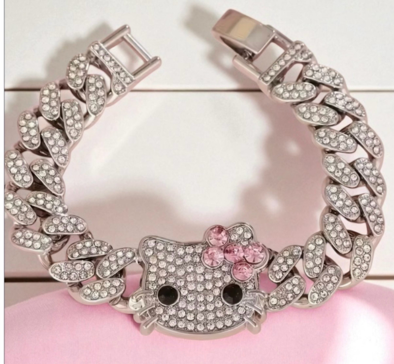 Hello Kitty Sparkling Cuban Iced Out Chain Bracelet Fold Over Clasp approximately 6.5 inch
