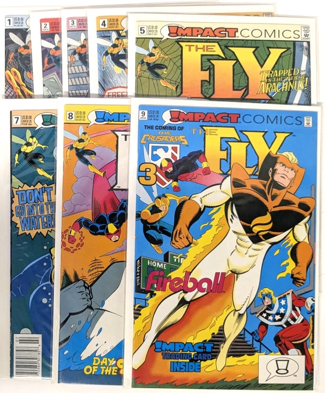 8 Vintage IMPACT Comics THE FLY : Issues 1-5, 7-9 (Missing #6), All Bagged & Boarded