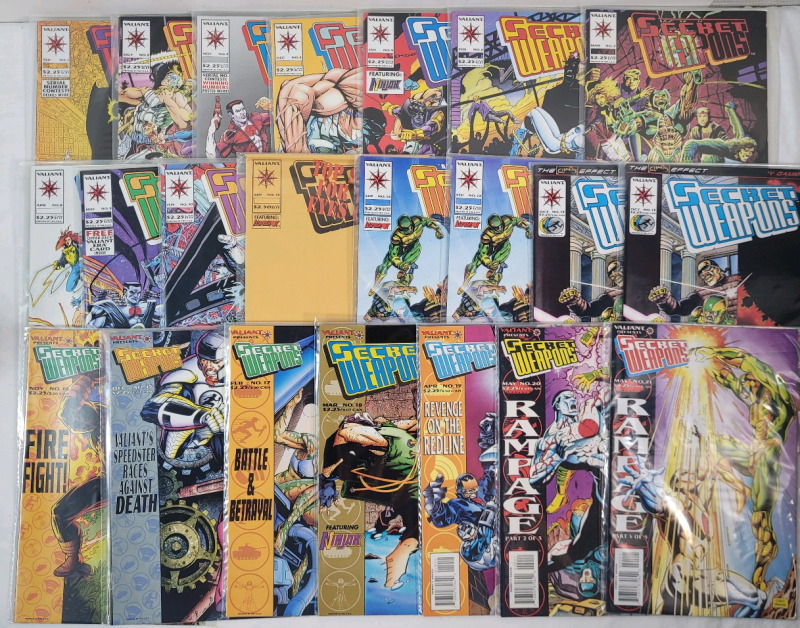 Valiant Comics 1993-95 SECRET WEAPONS No. 1 - No. 15 & No. 17 - No. 21 . Includes : No. 11 File Folder Variant Cover - Sealed . Missing Issue No. 16 to Complete Series . All Bagged, and Well Taken Care of - Very Fine Grade . 22 Comics .