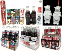 Vintage to Modern COCA-COLA & PEPSI: Empty Collectable & World Cans, Full & Empty Glass Bottles, & 2 Plastic Polar Bear Contour Tumblers with 1 Straw (9.5" Tall excl Straw)