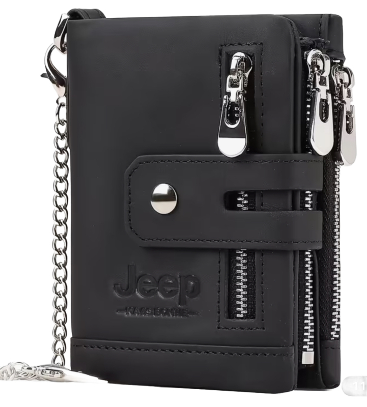 New JEEP KAVIS BONWE Premium Leather Wallet RFID Blocking Tri-Fold Design with Secure Buckle & Zipper Closure Vintage Style in Black Approximately 4.75 x 4.75 Inch