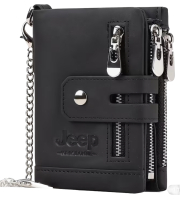 New JEEP KAVIS BONWE Premium Leather Wallet RFID Blocking Tri-Fold Design with Secure Buckle & Zipper Closure Vintage Style in Black Approximately 4.75 x 4.75 Inch