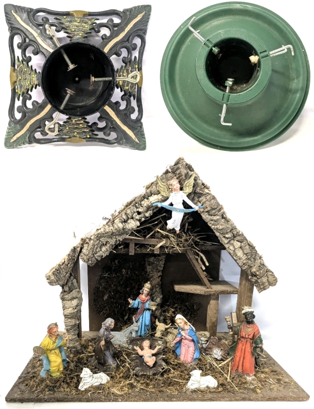 INCREDIBLY Heavy Vintage Cast Iron Christmas Tree Stand, Vintage Nativity Diorama 17" Tall & Plastic Christmas Tree Stand