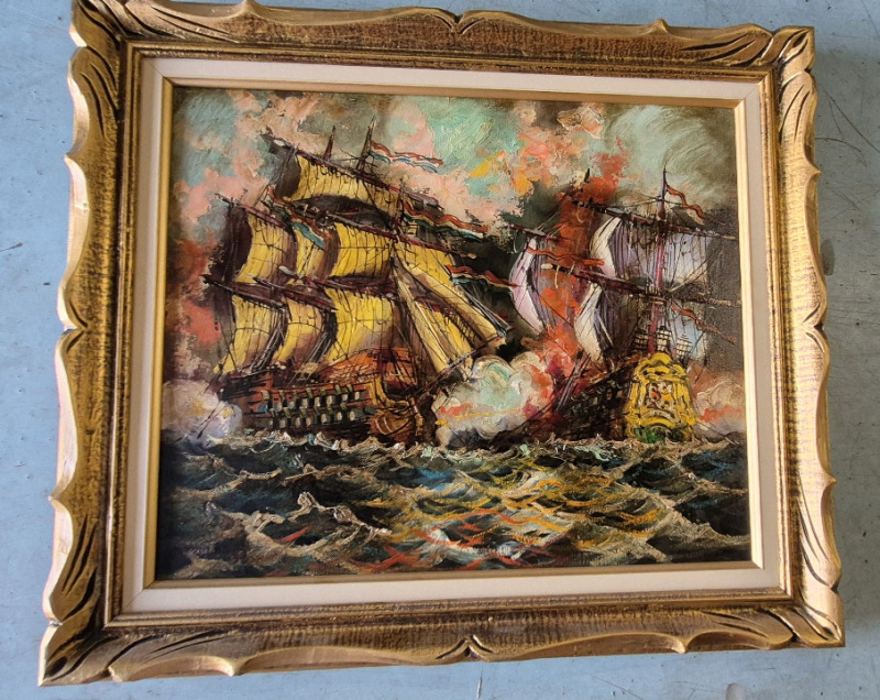 Vintage Framed Ships Painting on Canvas Signed Vaselli 30.5" Wide & 26.5" Tall