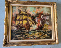 Vintage Framed Ships Painting on Canvas Signed Vaselli 30.5" Wide & 26.5" Tall