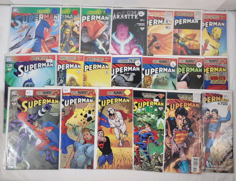 DC Comics SUPERMAN No. 681 - No. 700 - Consecutive Run , Twenty (20) Issues . All Comics Bagged & Boarded . , Well Taken Care Of , High Grade