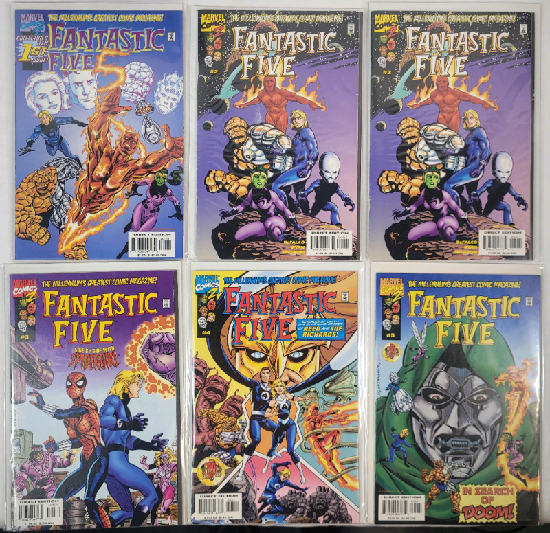 Marvel Comics MC2 Fantastic Five No. 1 - No. 5 - Complete Run w/Double Issue No. 2 . Six (6) Comics , All Bagged & Boarded . , Well Taken Care Of , High Grade