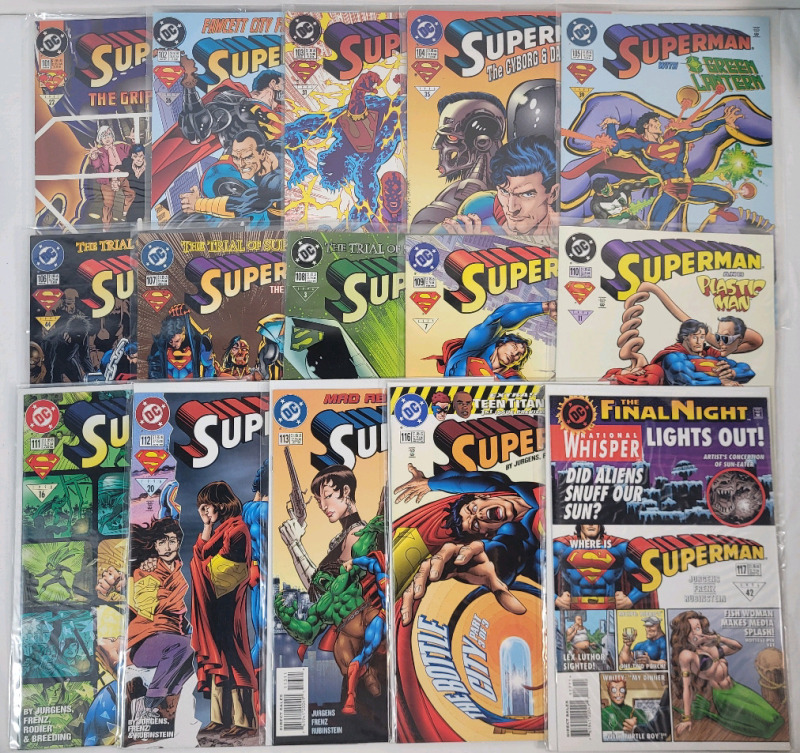 DC Comics 1995-96 SUPERMAN No. 101 - No. 113 , No. 116 & No. 117 . Fifteen (15) Comics , All Bagged & Some Boarded . , Well Taken Care Of , High Grade