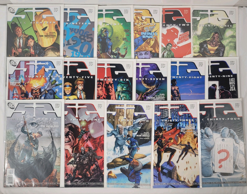 DC Comics 52 Week Eighteen - Week Thirty-Four , Consecutive Issues . Seventeen (17) Comics , All Bagged & Boarded . , Well Taken Care Of , High Grade
