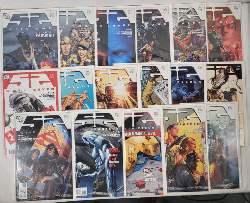 DC Comics 52 Week One - Week Seventeen , Consecutive Issues . Seventeen (17) Comics , All Bagged & Boarded . , Well Taken Care Of , High Grade