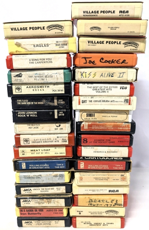 33 Vintage Classic Rock 8-Track Tapes, Some With Original Sleeves: Beatles, Village People, Rolling Stones, Trooper, Elvis, Pink Floyd, Lynyrd Skynyrd + More (See Photos for Artists)