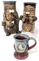 2 Signed Vintage Stoneware Fisherman & Weightlifter Funnyface Mugs (Up to 7.8" Tall) & Medieval-Style Ontario Renaissance Festival Mug (4.25")