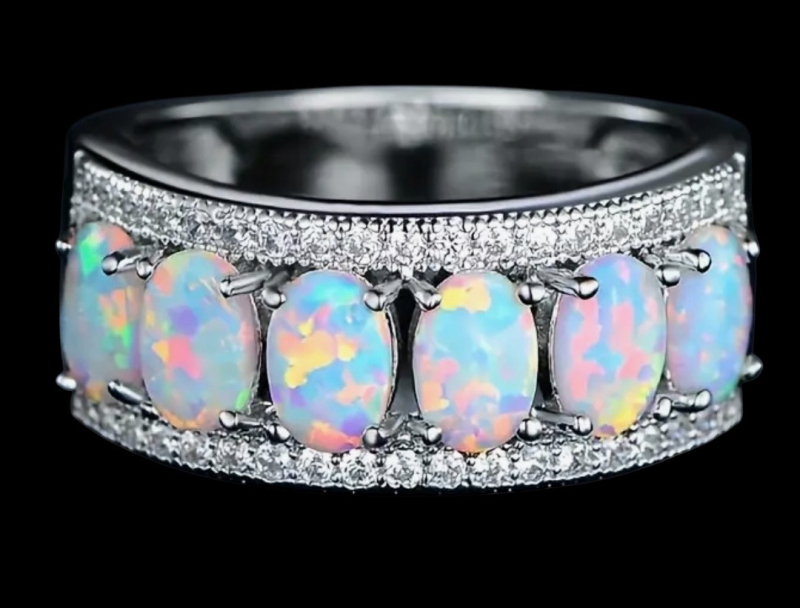 New 925 Sterling Silver Ring Opal Stone Wide Ring Band Stamped Size 9
