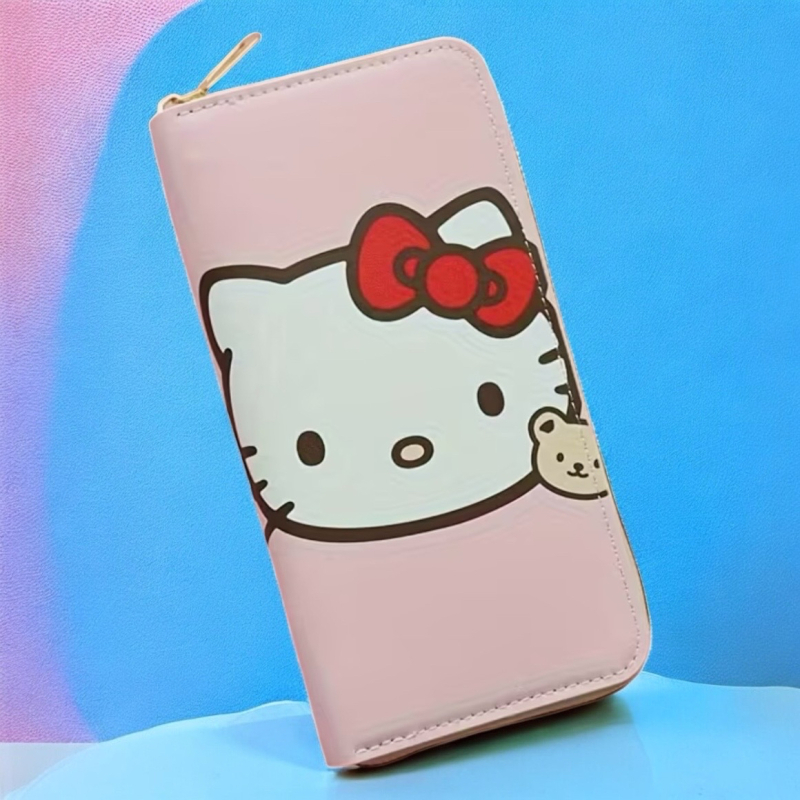 New Hello Kitty PU Wallet Lightweight Faux with Zipper Closure Approximately 8 x 4 inch Compartments black Lining