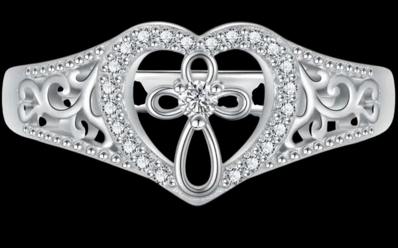 Elegant S925 Sterling Silver Heart Cross Ring Open Scroll work with Stones Stamped Size 9