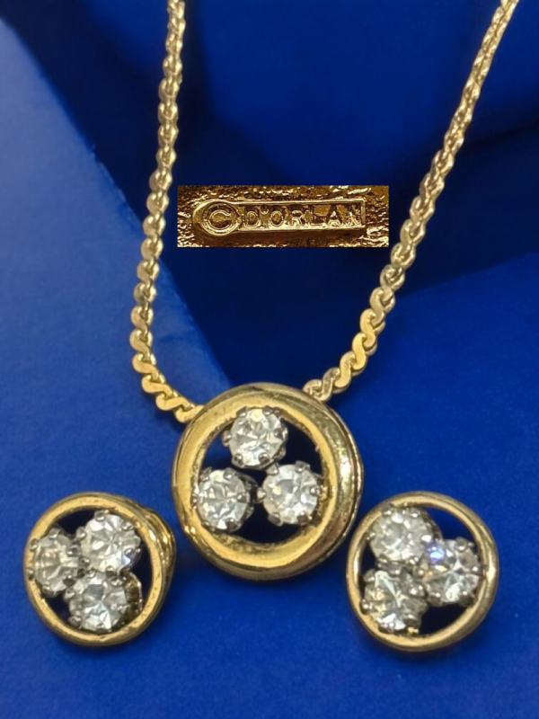 D&rsquo;Orlan 22ct Plated Signed Elegant Necklace Matched Pierced Earrings Swarovski Stones on D&rsquo;orlan Card