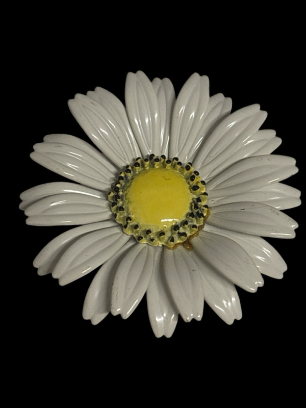 Vintage Enamel on Metal Daisy Brooch Large Size Unsigned Circa 1960's Approximately <br/>2.5 inch Tiered Lovely Enamel with detailing