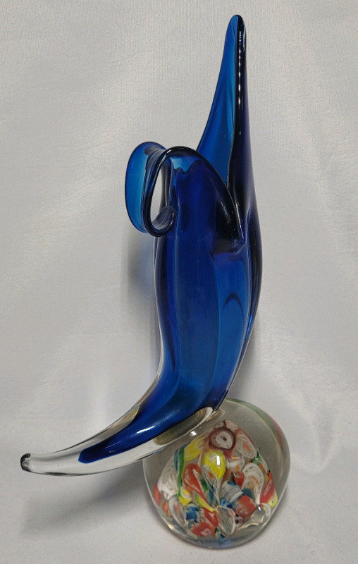RARE Blue Banana Art Glass Paper Weight , Mid-Century Modern Style , 10.5" Tall