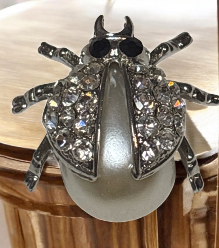 Vintage Ladybug Clear Rhinestone Brooch Black Rhinestone Eyes Pearl Style Belly Under Wings Approximately 1 inch